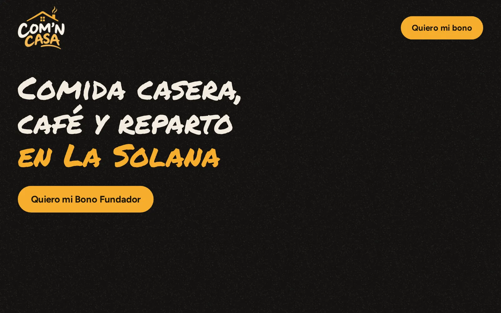 Cabecera de la web de Com'n Casa en el ordenador: logo, titular «Comida casera, café y reparto en La Solana» y botón del Bono Fundador