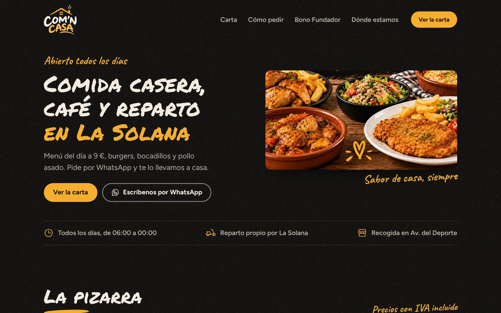 Captura de la web de Com'n Casa en el ordenador: comida casera, café y reparto en La Solana, con botones para ver la carta y escribir por WhatsApp
