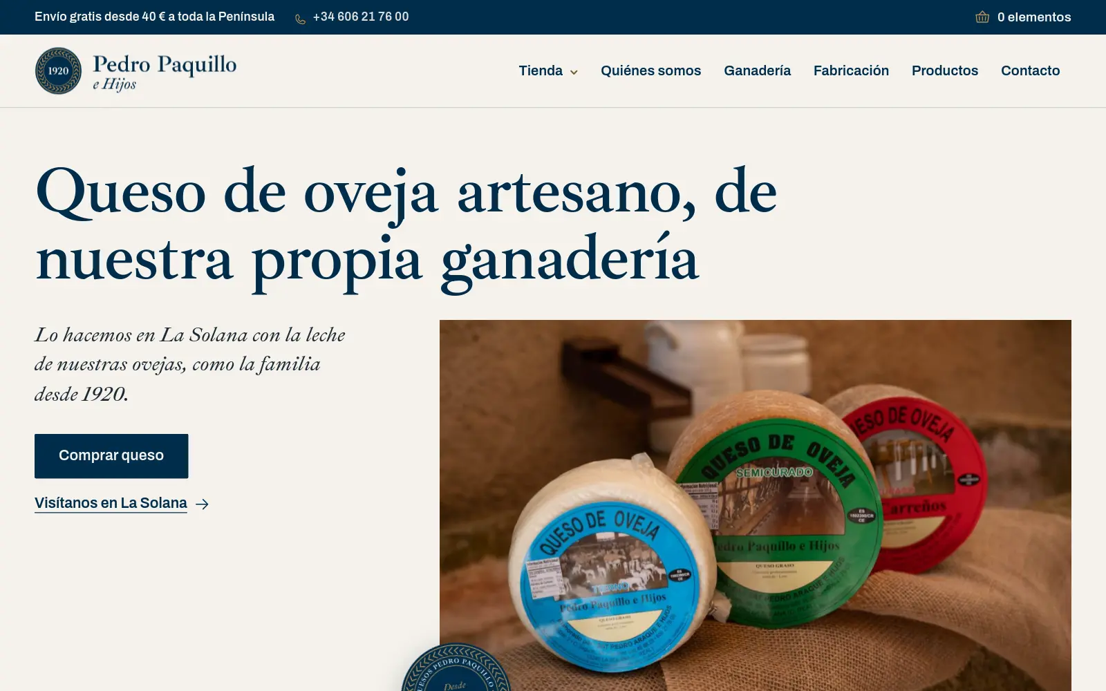 Captura de la web de Quesos Pedro Paquillo en el ordenador: «Queso de oveja artesano, de nuestra propia ganadería», con sus quesos de etiqueta azul, verde y roja