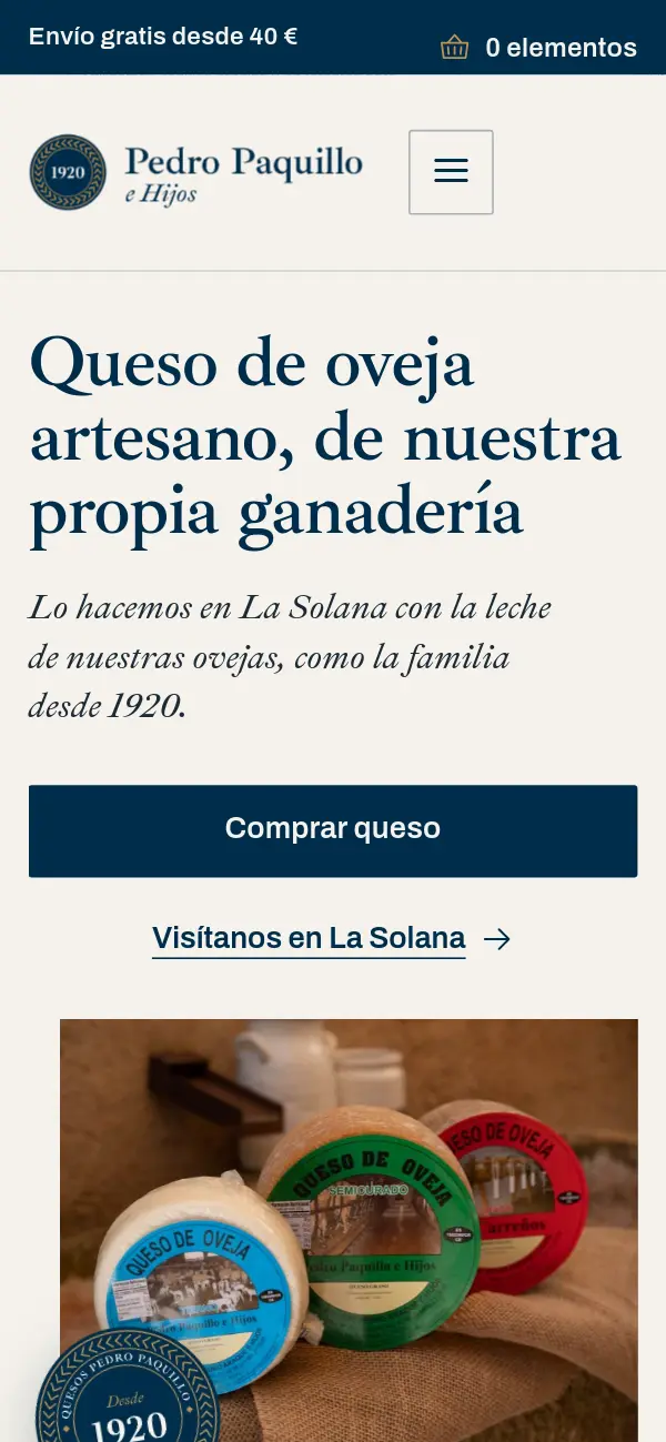 Captura de la web de Quesos Pedro Paquillo en el móvil: el titular, el botón de comprar queso y la foto de sus quesos