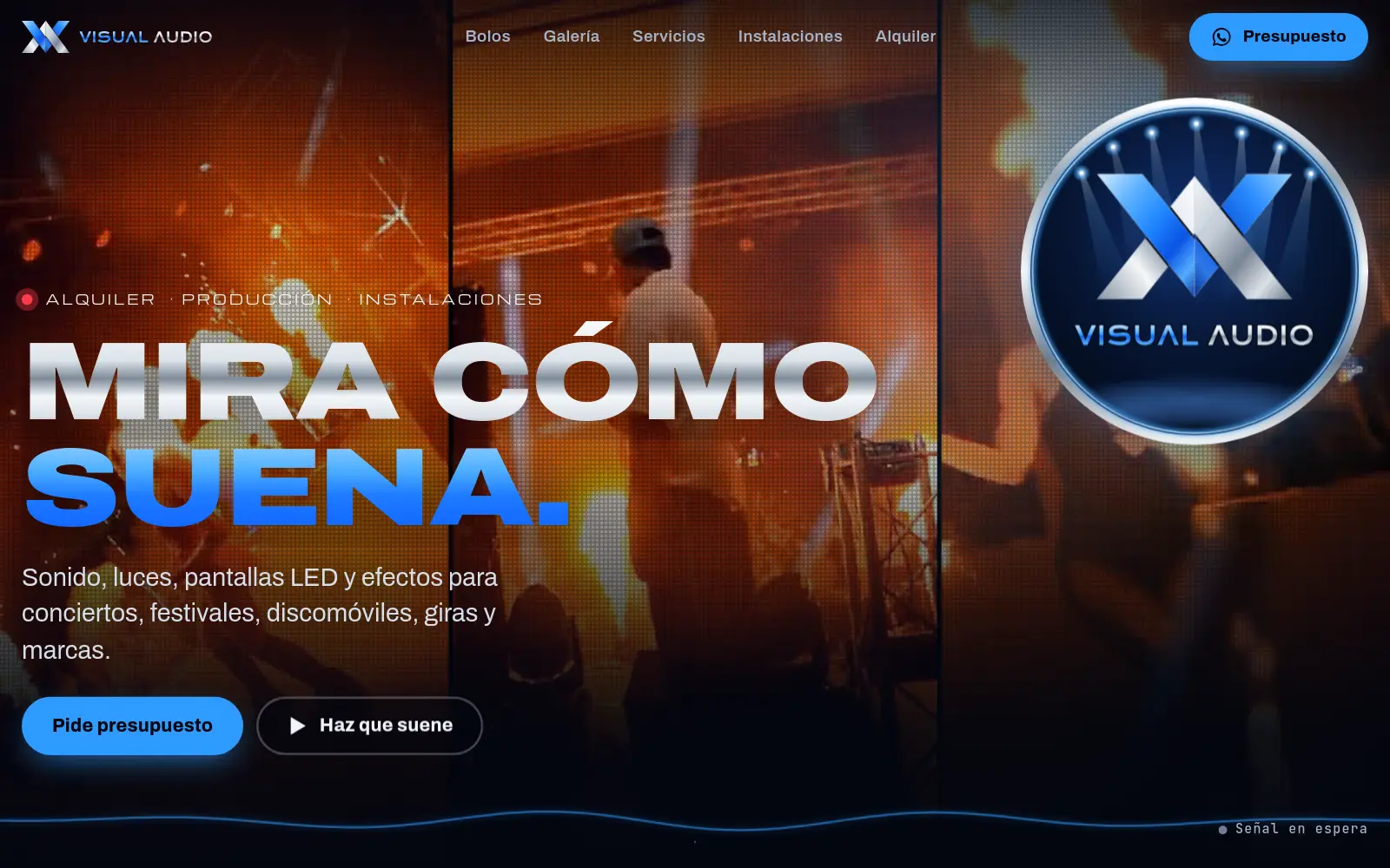 Captura de la web de Visual Audio en el ordenador: «Mira cómo suena», con fotos de conciertos, su logo y el botón de pedir presupuesto