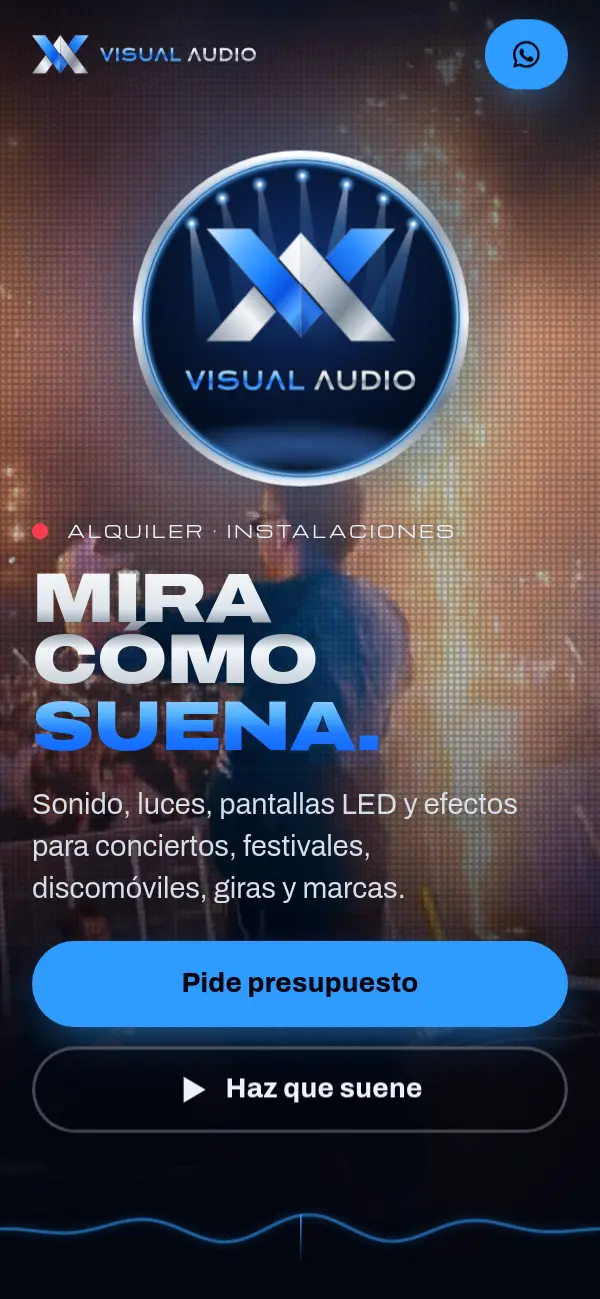 Captura de la web de Visual Audio en el móvil: el logo, «Mira cómo suena» y los botones de presupuesto y «Haz que suene»